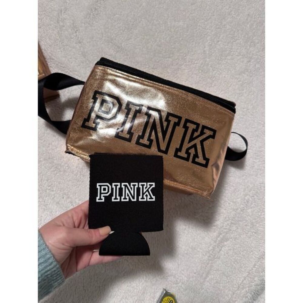 VS Victoria's Secret PINK Gold Metallic Lunchbox Cooler Bag & Koozie Set